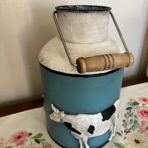 Rustic Blue Milk Can with Cow Design